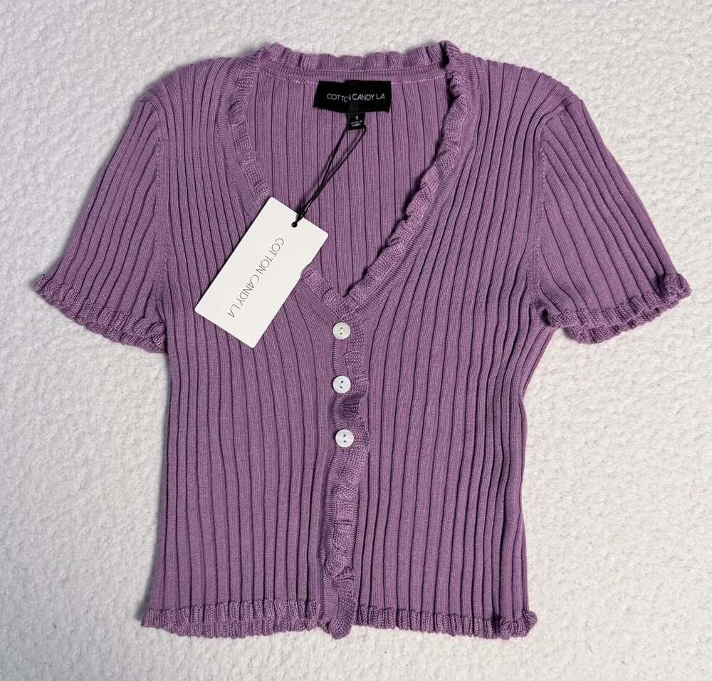 Cotton Candy LA Lavender Ribbed Knit Short Sleeve Cardigan Top NWT